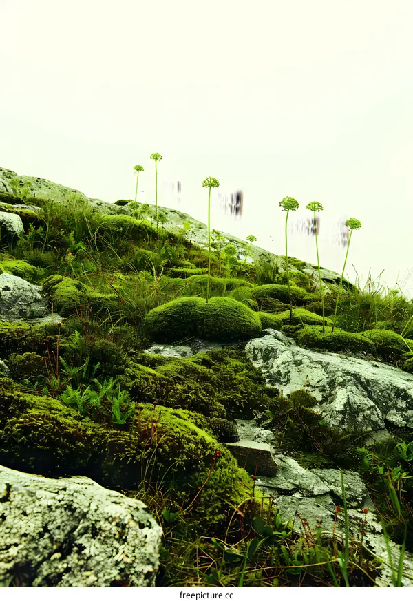 Green Moss Covering Rocks On Hillside