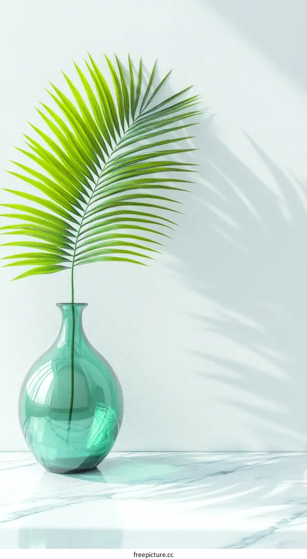 Elegant Teal Vase with Palm Leaf in Minimalist Style