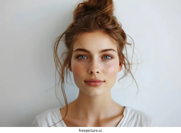 portrait of a young woman with freckles and blue eyes