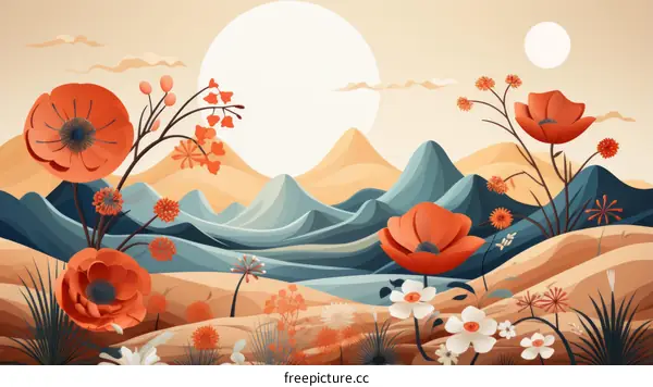 Landscape with mountains, flowers and sun