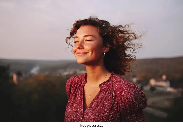 Young woman with curly hair smiling outdoors at sunset