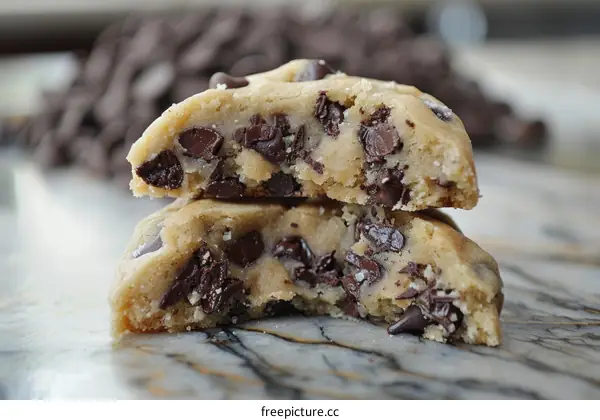 A close-up image of a broken chocolate chip cookie