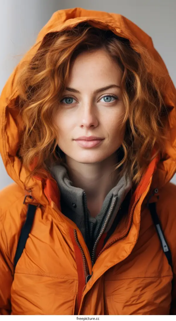 portrait of a young redheaded woman in an orange jacket