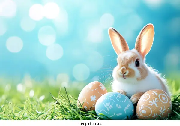 Cute Easter Bunny with Eggs in Grass