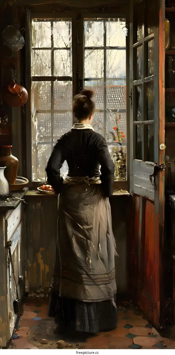 A woman standing in a kitchen looking out the window