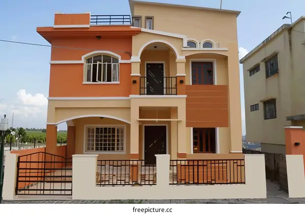Two-Story House with Orange and Beige Facades