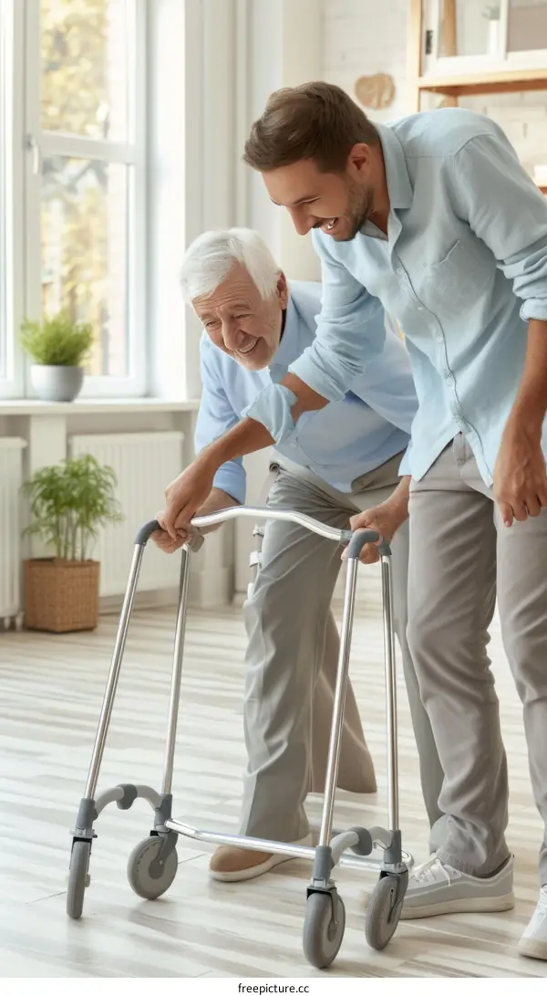 Caregiver helping elderly man with walker