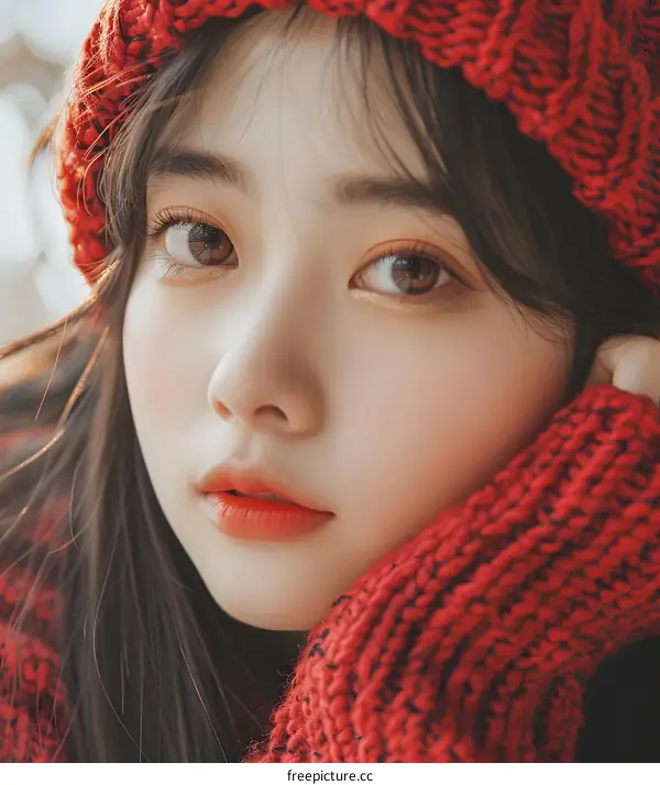 Close up Portrait of Young Asian Woman with Red Knit Hat and Sweater
