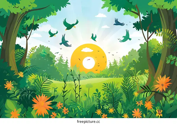 Sunrise in the Forest with Birds