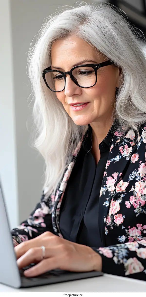 Senior Woman with Grey Hair Typing on Laptop