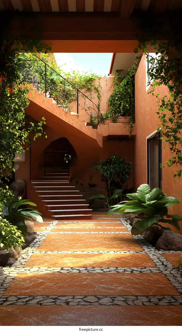 Stone Pathway Leading to Steps in a Tropical Courtyard