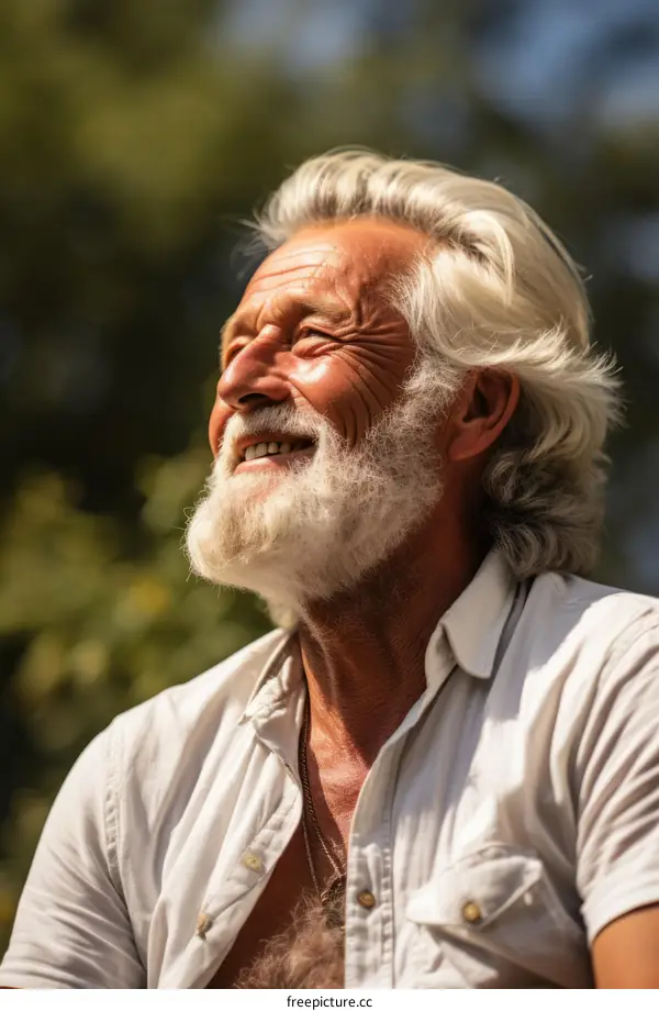 Portrait of an old man with white hair and beard smiling