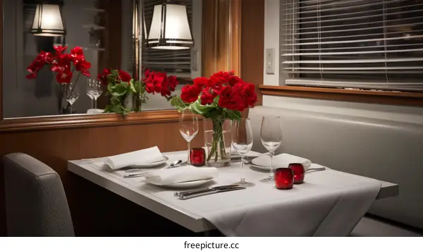 Romantic dinner table with red roses, candles and wine