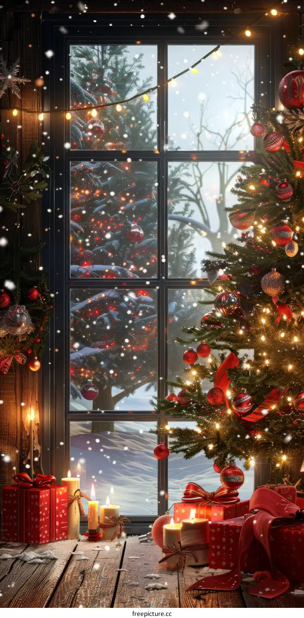 Christmas Tree with Red and Gold Ornaments by a Snowy Window