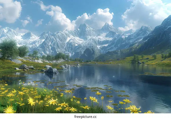Tranquil Valley Lake with Vibrant Yellow Flowers