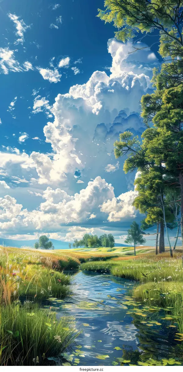 Beautiful Summer Landscape with Clouds and Creek