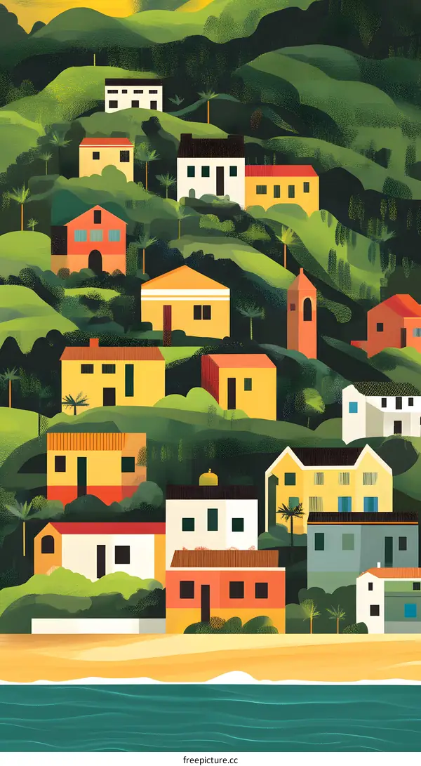 Mediterranean Village Illustration with Houses and Sea
