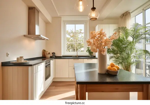 Modern Beige Kitchen with Island and Plants