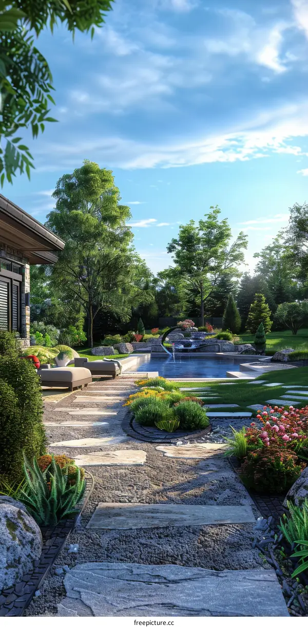 Charming Backyard Garden Centered Around a Swimming Pool