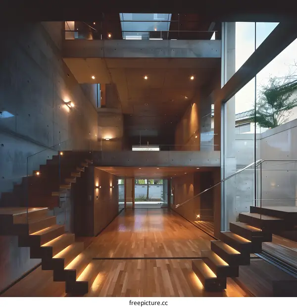 Modern Concrete House Interior With Wooden Stairs And Glass Railing