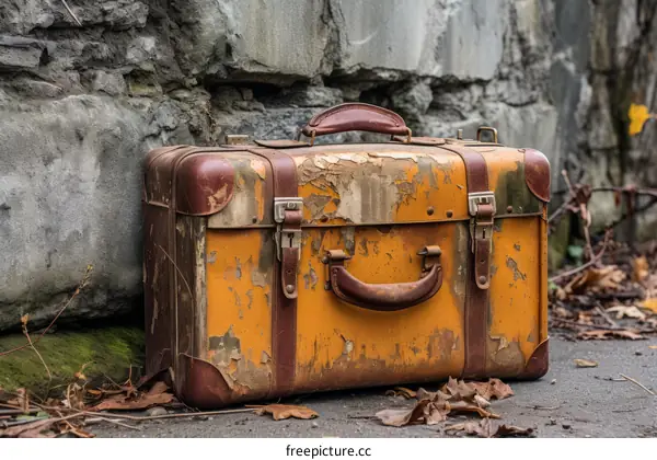 weathered suitcase sits on sidewalk next to stone building