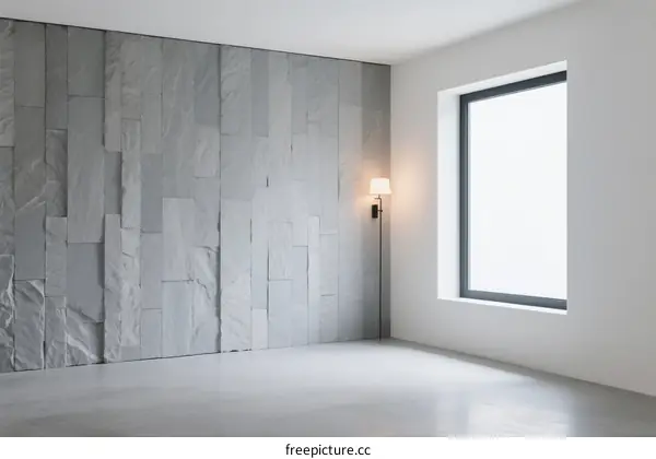 Minimalist Interior with Textured Stone Wall and Large Window