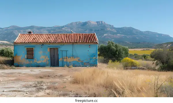 Blue house in the middle of the field