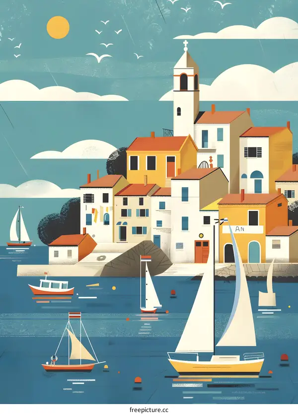 Mediterranean Village Seascape Illustration