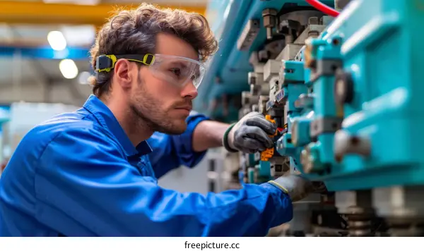 technician wearing safety glasses inspecting machinery in factory