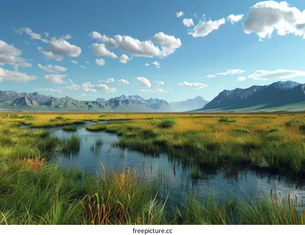 Vast wetland with mountains in the distance on a serene day