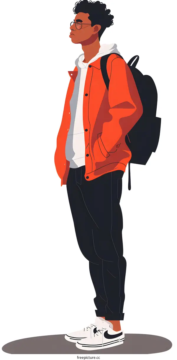 Man Wearing Orange Jacket and Black Backpack