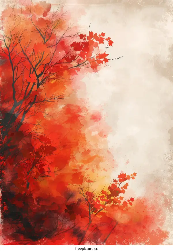 watercolor painting of red maple leaves and branches