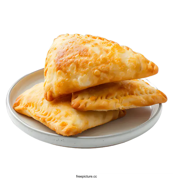 [Transparent Background PNG]Three Golden Fried Empanadas on Plate