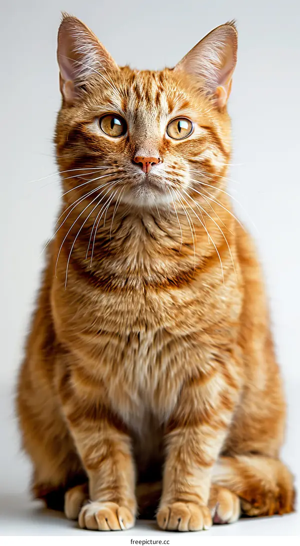 A ginger cat is sitting on a white table staring at the camera