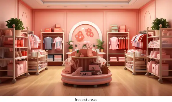A 3D rendering of a pink and white boutique store