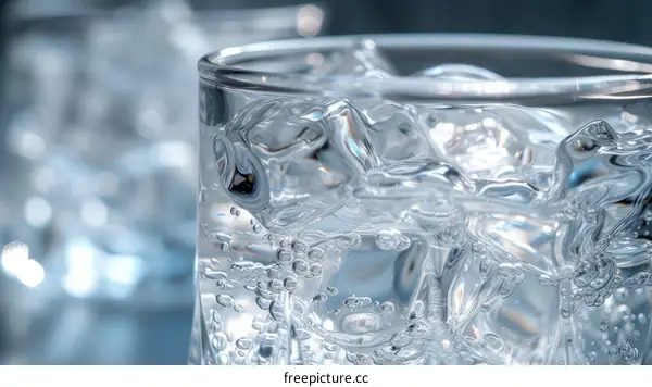Close-up of a clear glass with ice and sparkling water