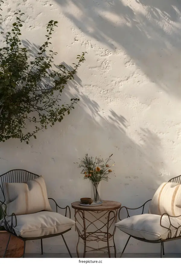 Minimalist Patio Decor With White Wall and Metal Chairs