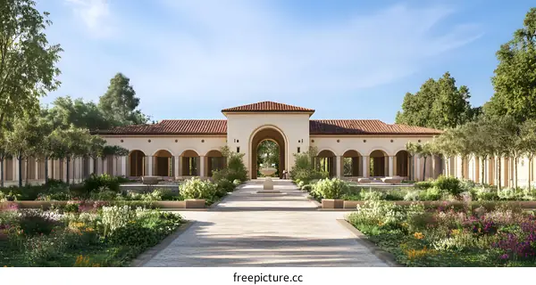 Italian Courtyard Garden with Flowers and Fountain