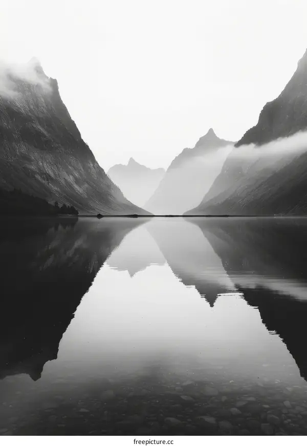 Black and white photo of a mountain lake with fog