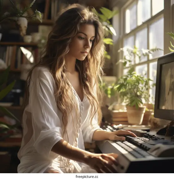 A young woman with long brown hair is sitting on a bench in a greenhouse. She is wearing a white dress and is playing a synthesizer.