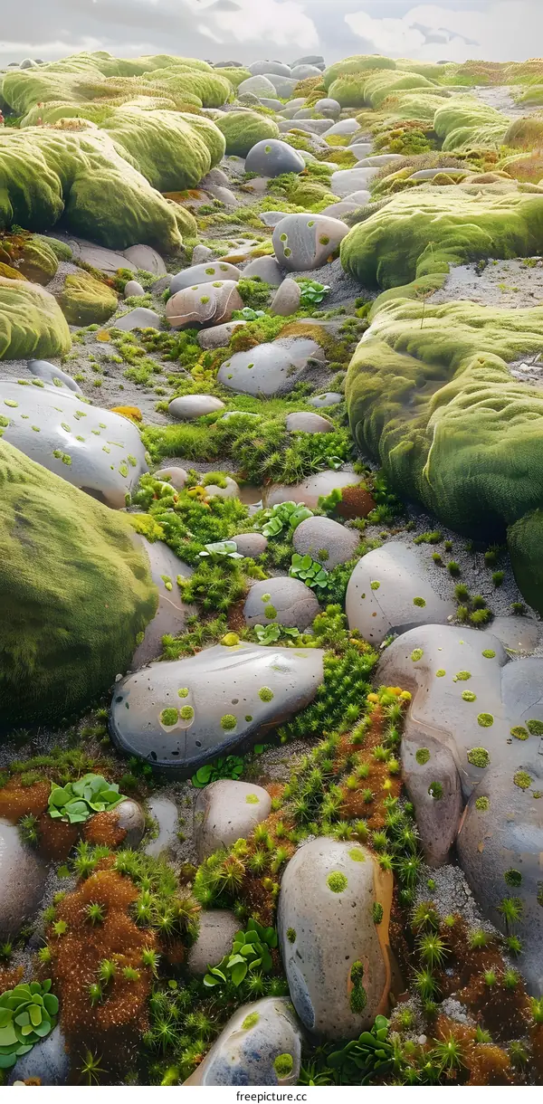 Green Moss and Rounded Stones on the Beach