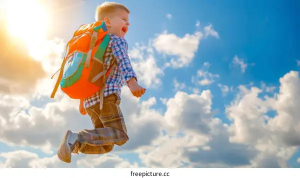 Little boy jumping with joy and happiness