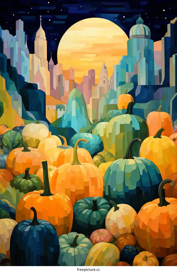 A field of pumpkins with a cityscape in the background