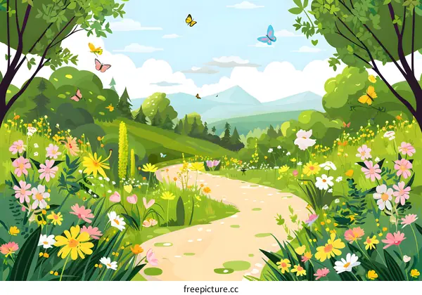 Spring Landscape With Blooming Flowers and Winding Path