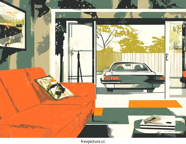 Retro Illustration of Living Room with Car