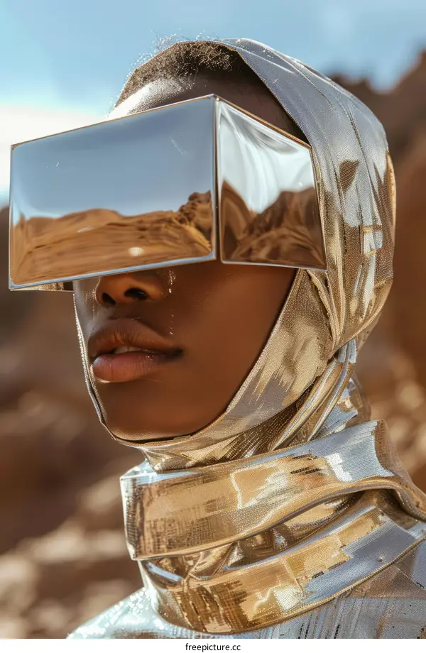 Close up of a black woman wearing a silver futuristic headscarf with mirrored sunglasses insert