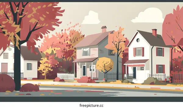Autumn Landscape with Colorful Trees and Houses