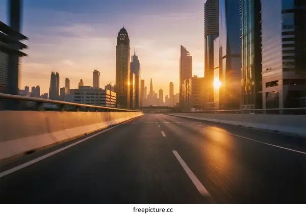 Sunset over modern city with empty road in foreground