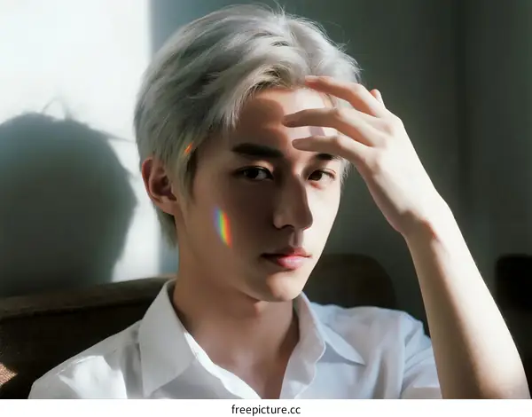 Man with silver hair touching forehead, soft light