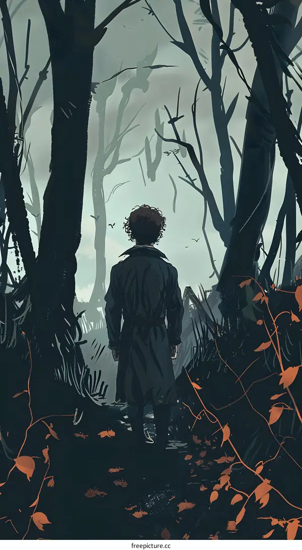 Man in a Coat Standing in a Forest